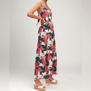 Floral V-Neck Maxi Dress in Coral & Green